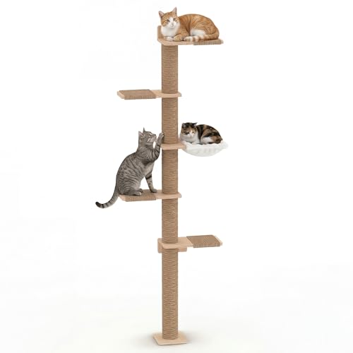 Tall Cat Tree, 5 Tier Floor Cats Tower, Wall-Mounted Kitten Sisal Scratching Post, with Cozy Hammock, Suitable for Climb, Scratch, Lookout and Play (Wall-Mounted) - size: Wall-mounted