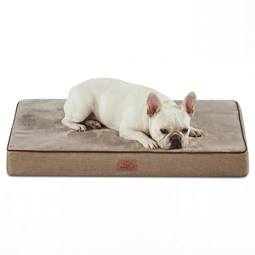 Bedsure Memory Foam Dog Bed Medium Size Dogs- Orthopedic Pet Beds for Crate with Removable Washable Cover and Nonskid Bottom - Plush Flannel Fleece Top Pet Mat, Khaki - color: Khaki, size: 29"L x 18"W x 3"Th