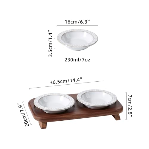 Havniva Cat Food Bowl, 6.1" Raised Cat Bowls with Acacia Wood Stand, Elevated Cat Dishes Ceramic Pet Food & Water Bowl Set, Extra Wide Whisker Friendly Elegant Pet Dish for Kitten, Cats, Puppy - color: 2 Dishes+Stand- Arctic White