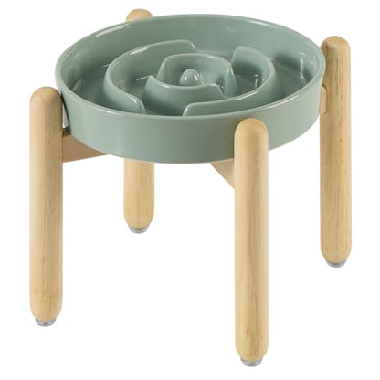 Havniva 8.2” Raised Slow Feeder Dog Bowls, 1.6 Cups Ceramic Dog Bowl Slow Feeding for Medium Breed, Elevated Puzzle Dog Food Bowl with Wooden Stand Non-Slip Anti-Gulping & Anti-Choking - color: 1 x Light Green+Stand-A, size: 8.2inch
