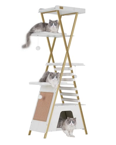 FourFurPets 72.4" Cat Tree, Modern Cat Tower for Indoor Cats, Multi-Level Cat Condo with Caves, Tall Cat Tree with Cat Scratching Board, Wooden Cat Tower with Large Perch, Removable Pads, White - color: White