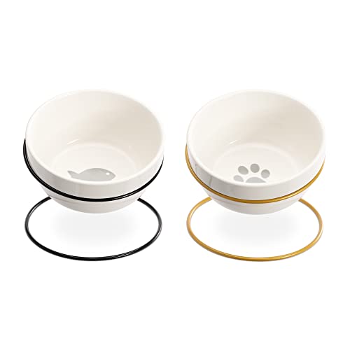 Navaris Tilted Pet Bowls with Stand (Set of 2) - Elevated Ceramic Cat Food Bowl Set for Cats and Small Dogs with Metal Wire Stands - Black and Gold