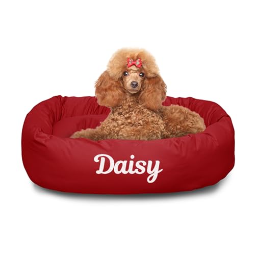 Majestic Pet Personalized 32 Inch Bagel Calming Dog Bed - Washable, Cozy Soft Round With Spine Support - Fluffy Donut Shape 32x23x7 Inch for Medium Dogs - Red - color: Red, size: Medium