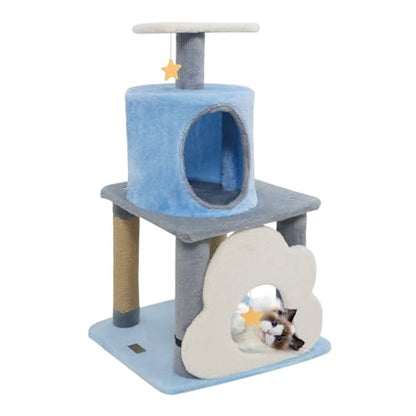 PETSITE 31.5-inch Cute Cat Tree, Multi-Level Small Cat Tree with Scratching Posts, Condo, Star-Shaped Dangling Toys, and Top Perch, Star, Moon & Cloud Elements Mixed, Ideal for Indoor Cats (Blue) - color: Blue