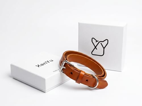XanYu Premium Genuine Leather Dog Collar – Adjustable Heavy Duty Pet Collar with Sturdy Metal Buckle, Soft & Classic for Puppy and Small, Medium, Large Dogs (Tan)