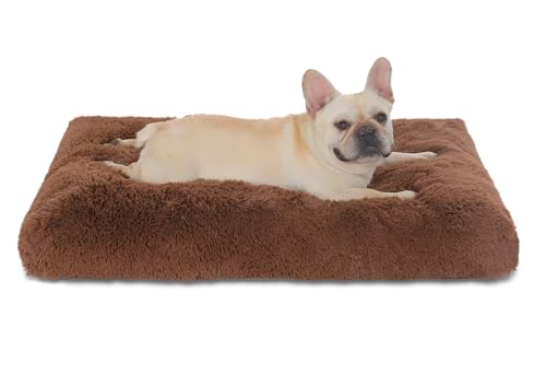 Bedfolks Plush Waterproof Dog Crate Bed, Pad with Removable Cover, Faux Fur, Washable Kennel Bed 29"x21", Solid Brown - color: Solid Brown, size: Medium(29x21'')