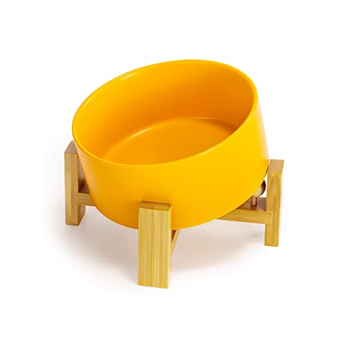 SPUNKYJUNKY 15° Slanted Ceramic Dog Bowl with Elevated Bamboo Stand - Tilted Pet Feeder for French Bulldog Pugs No Slip Anti-Vomiting for Cat Medium Dog Flat Face Pets 28.7 OZ (3.6 Cups, Yellow) - color: Yellow, size: 3.6 CUPS × 1