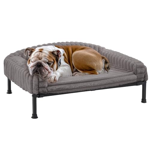 Veehoo Elevated Dog Bed with Bolster Cushion, Fluffy Plush Dog Couch Beds for Small Dogs, Cats, Washable Raised Pet Cot with Non-Slip Feet for Indoor or Patios Use, 36 x 28 Inches, Grey - color: Grey, size: 36.0"L x 28.0"W x 8.3"Th
