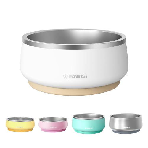 Pawaii Dog Bowl, 34 oz Double-Wall Stainless Steel Food and Water Bowl, Non-Slip Rubber Base, Dishwasher Safe, ID Tag Included, (1 Pack) - color: Cream White, size: 34oz