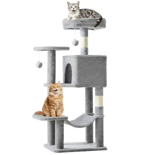 DUMOS Small 44 Inch Cat Tree Tower, Cat Climbing Tower with Natural Sisal Scratching Posts, Hammock, Pet Condo for Indoor Cats and Kittens Play, Light Grey - color: Light Grey, size: 44 Inch