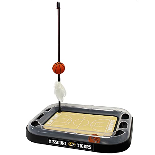 NCAA Missouri Tigers Basketball Court Scratcher Toy with Catnip Filled Plush Basketball & Feather Cat Toy Hanging, Jingle Bell Interactive Ball - color: Missouri Tigers