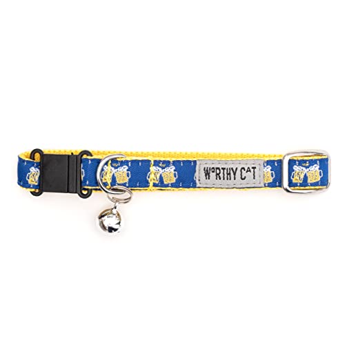 THE WORTHY DOG Patterned Cheers Cat Collar with Bell, Adjustable Nylon Safety Collar, Navy, One Size - color: Navy-Cheers