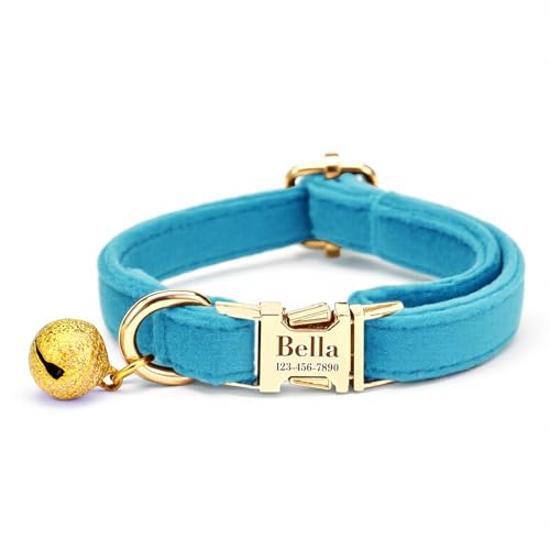 Custom Cat Collar with Bells Personalized Small Cat Collar Engraved Name & Phone Number with Secure Metal Quick-Release Buckle Adjustable (Lake Blue) - color: Lake Blue