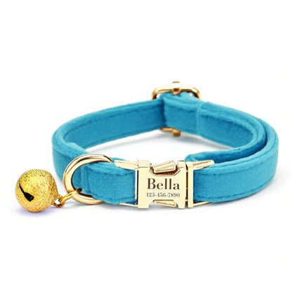 Custom Cat Collar with Bells Personalized Small Cat Collar Engraved Name & Phone Number with Secure Metal Quick-Release Buckle Adjustable (Lake Blue) - color: Lake Blue