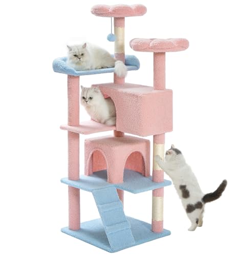 Made4Pets Cat Tree Tower 56" Cat Tower for Indoor Cats Kitten Tree Multi-Level Cat Tree with 2 Condo Furniture Activity Center with Scratching Posts Funny Toys (Pink Flower Blue) - color: Pink Flower Blue