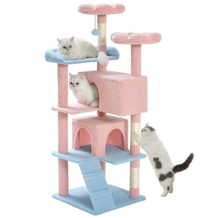 Made4Pets Cat Tree Tower 56" Cat Tower for Indoor Cats Kitten Tree Multi-Level Cat Tree with 2 Condo Furniture Activity Center with Scratching Posts Funny Toys (Pink Flower Blue) - color: Pink Flower Blue