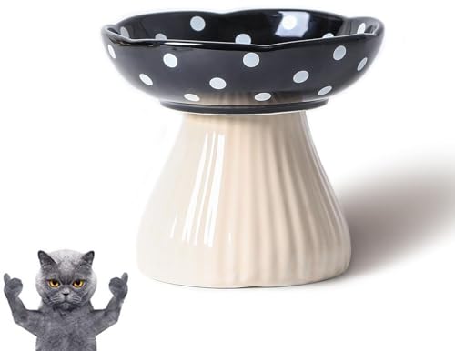 Mushroom Cat Bowl,Whisker Fatigue Cat Bowl,Cute Cat Bowls,Elevated Cat Food Bowl, Lead & Cadmium Free Ceramic Cat Bowls for Food and Water.(Black) - color: Black