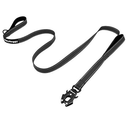 Strong Heavy Duty Dog Leash - 5ft Reflective Nylon Training Leash with Soft Padded Double Handle & Auto Lock Frog Clip - Safety Traffic Control for Large Medium Small Dogs No Pull Walk Black Black,5ft - color: Black Black, size: 5FT x 1" x 2.8MM