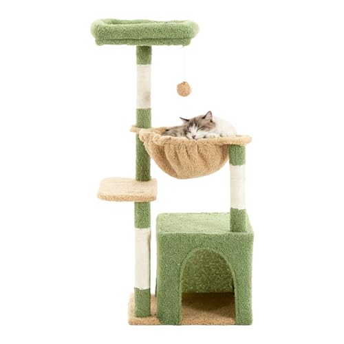 Cat Tree for Indoor Cats, 39.8-inch Cat Tower with 2 Plush Perches for Play & Rest, 1 Cozy Hideaway, Dangling Toy & Full Sisal Scratching Posts for Indoor Cats, Green - color: Green
