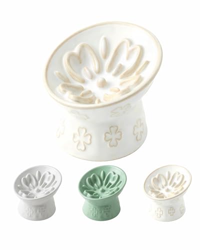 Ceramic Slow Feeder Cat Bowl, 15° Tilted Elevated Cat Slow Eating Bowl for Neck Protection, Anti Vomiting Dog Slow Feeder, Whisker Friendly & No Black Chin for Cats and Small Dogs, Jun Blanc - color: 03-Jun Blanc