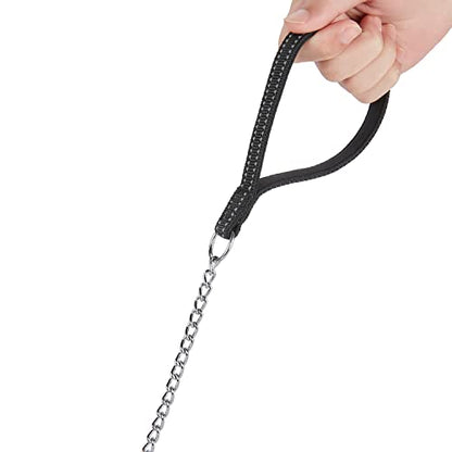 Chew Proof Metal Chain Leash,Nylon Handle with Soft Neoprene Padding and Reflective Stripe for Medium Dogs.(M, Black Handle) - color: Reflective Black, size: Medium