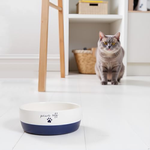 Pearhead Ceramic Paws Off Cat Bowl, Holds 1.3 Cups, Navy Blue and White Stoneware Dish, Non-Skid Feeding Bowl, Microwave and Dishwasher Safe, Small (Pack of 2) - color: Navy Paws Off, size: Bowl Set