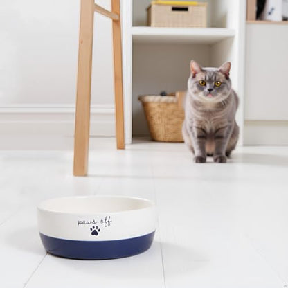 Pearhead Ceramic Cat Bowl – Navy Blue “Paws Off” Design, Holds 12 oz, Stoneware Pet Dish, Non-Skid Feeding Bowl - color: Navy Paws Off, size: Single Bowl