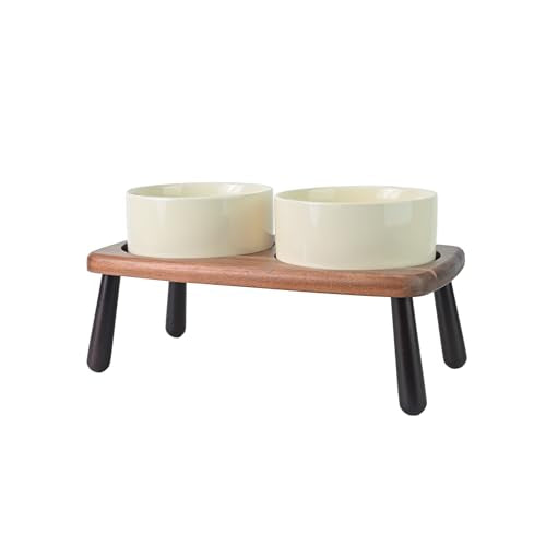 SPUNKYJUNKY Ceramic Elevated Dog Bowls Raised with Acacia Bamboo Wooden Stand, 6.1'' Dog and Cat Food Water Bowls Set Non-Slip for Small Medium Sized Breed Microwave Dishwasher Safe - 28.7 OZ,Beige - color: Beige, size: 6.1 in - Dual