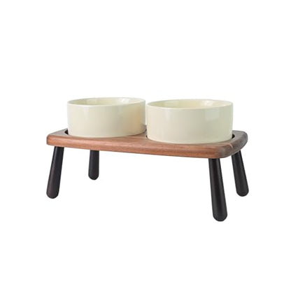 SPUNKYJUNKY Ceramic Elevated Dog Bowls Raised with Acacia Bamboo Wooden Stand, 6.1'' Dog and Cat Food Water Bowls Set Non-Slip for Small Medium Sized Breed Microwave Dishwasher Safe - 28.7 OZ,Beige - color: Beige, size: 6.1 in - Dual