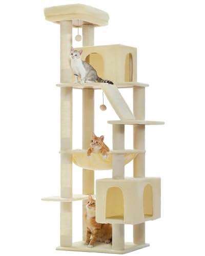 MUTTROS 71" Tall Cat Tree for Large Cat 20 lbs with Super Large Hammock, Heavy Duty Cat Tower with 4 Sisal Scratching Posts & 2 Spacious Condos for Big Adult Cats Maine Coon-Beige - color: Beige, size: 71inch
