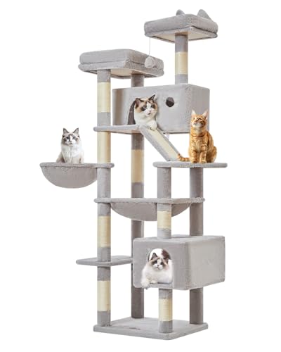 Taoqimiao Cat Tree 71-Inch, Cat Tower for Indoor Cats Large Adult, Multi-Level Large Cat Condo, 8 Sisal Scratching Posts, Metal Frame Cozy Hammock, Scratch Board, 2 Top Perches, Light Gray MS026LW - color: Light Gray, size: 71 Inches