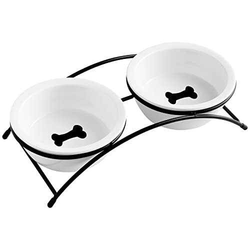 ZONEYILA Elevated Cat Bowls, Dog Bowl, Ceramic Raised Cat Food Water Bowl Set with Metal Stand for Indoor Cats Small Dog, Prevent Neck Pain,12 Ounces, Cute Dog Bone Pattern - color: 2 Dog Bone Pattern Bowls + Black Stand
