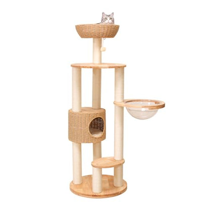 Wood Cat Tree for Large Cat, 57-Inch Tall Cat Tower with Scratching Post for Indoor Cats, Multi-Level Cat Condo with Hand-Woven Cat Bed and Acrylic Bowl Easy to Clean (Cream Y909S) - color: Nature Y909s