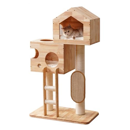 SHENGOCASE Modern Real Solid Rubber Wood Large Cat Tree Tower Castle with Big Enclosed Bed, House Condo, Scratching Post and Sisal Scratcher with Ladder for Multiple Cats