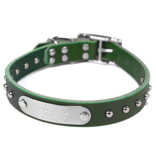Handmade Studded Bridle Leather Dog Collar, Silver Tone Hardware and Stainless Steel Nameplate (Emerald Green) - color: Emerald Green