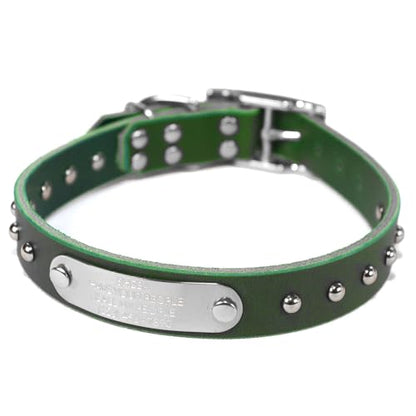 Handmade Studded Bridle Leather Dog Collar, Silver Tone Hardware and Stainless Steel Nameplate (Emerald Green) - color: Emerald Green