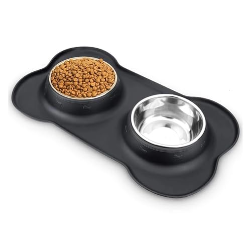 Antislip Double Dog Bowl with Silicone Mat Durable Stainless Steel Water Food Feeder Pet Feeding Drinking Bowls(Gray,L 48x28CM)