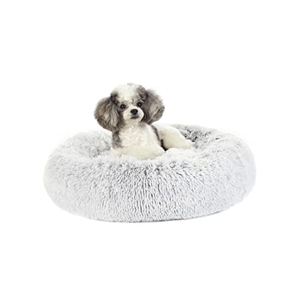 Bedfolks Calming Donut Dog Bed, 23 Inches Round Fluffy Dog Beds for Small Dogs, Machine Washable Anti-Anxiety Plush Puppy Bed（Light Grey, Small） - color: Light Grey, size: 23.0"L x 23.0"W x 7.0"Th