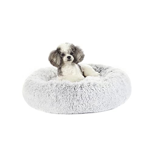 Bedfolks Calming Donut Dog Bed, 23 Inches Round Fluffy Dog Beds for Small Dogs, Machine Washable Anti-Anxiety Plush Puppy Bed（Light Grey, Small） - color: Light Grey, size: 23.0"L x 23.0"W x 7.0"Th
