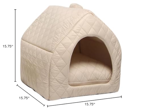 2-in-1 Indoor Cat House & Bed - Cozy Animal Cave & Tent for Large Cats & Small Dogs, Removable Washable Pillow Cushion Included(Khaki) - color: Khaki