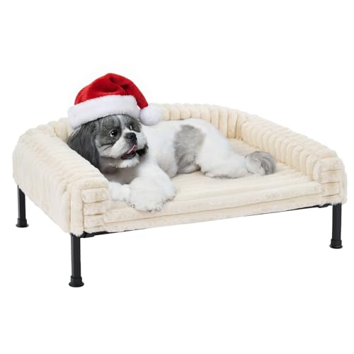 Veehoo Elevated Dog Bed with Bolster Cushion, Fluffy Plush Dog Couch Beds for Small Dogs, Cats, Washable Raised Pet Cot with Non-Slip Feet for Indoor or Patios Use, 30 x 20 Inches, White - color: White, size: 30.0"L x 20.0"W x 8.3"Th