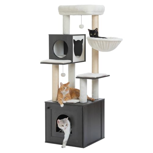 PEQULTI 57.5" Cat Tree with Litter Box Enclosure Large, Wood Cat Tower for Indoor Cats with Storage Cabinet and Cozy Cat Condo, Sisal Covered Scratching Post and Repalcable Dangling Balls, Black - color: Black, size: 58''