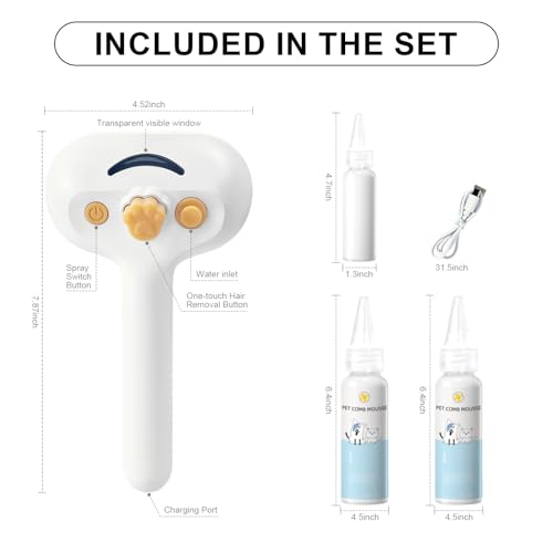 Pet Steam Brush for Dog & Cat – 3-in-1 Spray Hair Removal Comb for Shedding & Grooming, Softens Fur & Reduces Static – Water Brush for Long & Short Coats, Bath-Hating Pets, Includes Waterless Shampoo - size: 7.8"-240ML