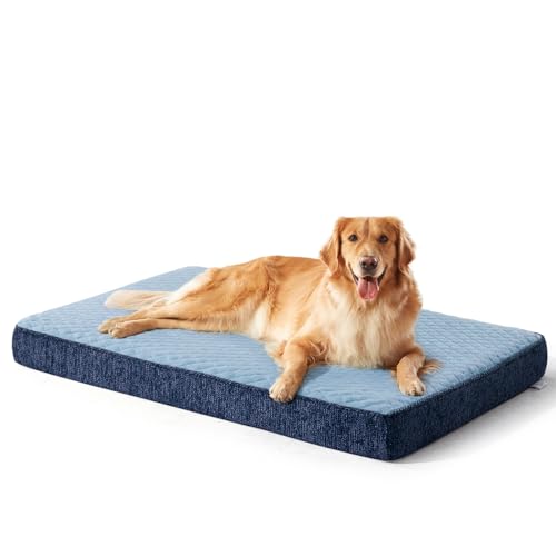 JOEJOY XL Dog Beds Large Sized Dog, Orthopedic Big Dogs Crate Bed with Washable Removable Cover, Extra Thick Egg-Crate Memory Foam Pet Beds up to 80 lbs, Blue, 41"x27" - color: Blue, size: XL(41"x27")