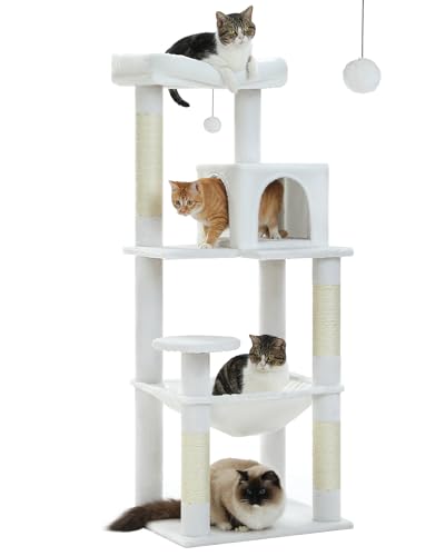 MUTTROS Cat Tree for Large Cats with Metal Plush Big Hammock, 56.3" Cat Tower for Indoor Cats with 2 Door Condo House, 6-Tier Cat Shelves with Scratching Posts and Large Top Perch, Cream White - color: Cream White, size: 56.3in