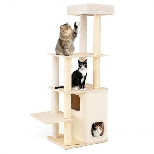 Tangkula Tall Cat Tree, 63 Inch Multi-Level Wood Cat Tower with Sisal Scratching Posts & Mat, 2-Story Condo, Plush Padded Top Perch, Dangling Ball, Modern Cat Tree Tower for Indoor Cats Large Adult - size: 63 Inch