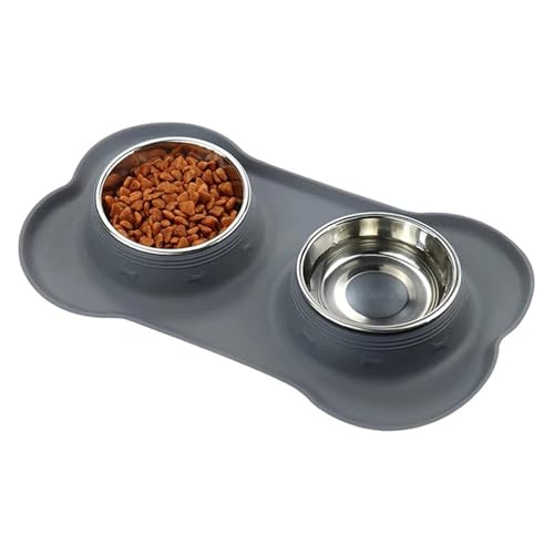 Antislip Double Dog Bowl with Silicone Mat Durable Stainless Steel Water Food Feeder Pet Feeding Drinking Bowls(Gray,L 48x28CM)