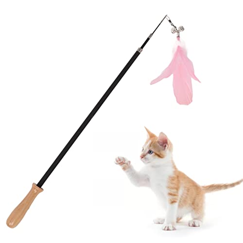 Retractable Cat Teaser Wand, 38.8in Telescopic Feather Toy with Carbon Fiber Rod and Bell for Indoor Kittens (Pink) - color: Pink
