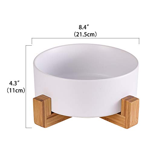 Ceramic Dog Bowl with Bamboo Stand - Large Dog Dish for Food and Water - Heavy Weighted, No Tip Over - 8.4" Diameter - White - color: White