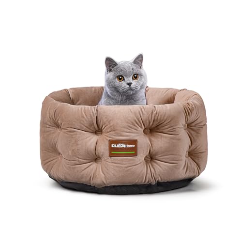 ClevaHome Deep Nest Cat Beds for Indoor Cats, Washable Round Cat Bed, Cute Kitten Bed with Anti-Slip Bottom for Kitty and Puppy, 20inches, Warm Beige - color: Warm Beige, size: 20"L x 20"W x 8"Th